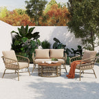 4-Piece Outdoor Sofa Set with Woven Wicker Design and Wood Table Top