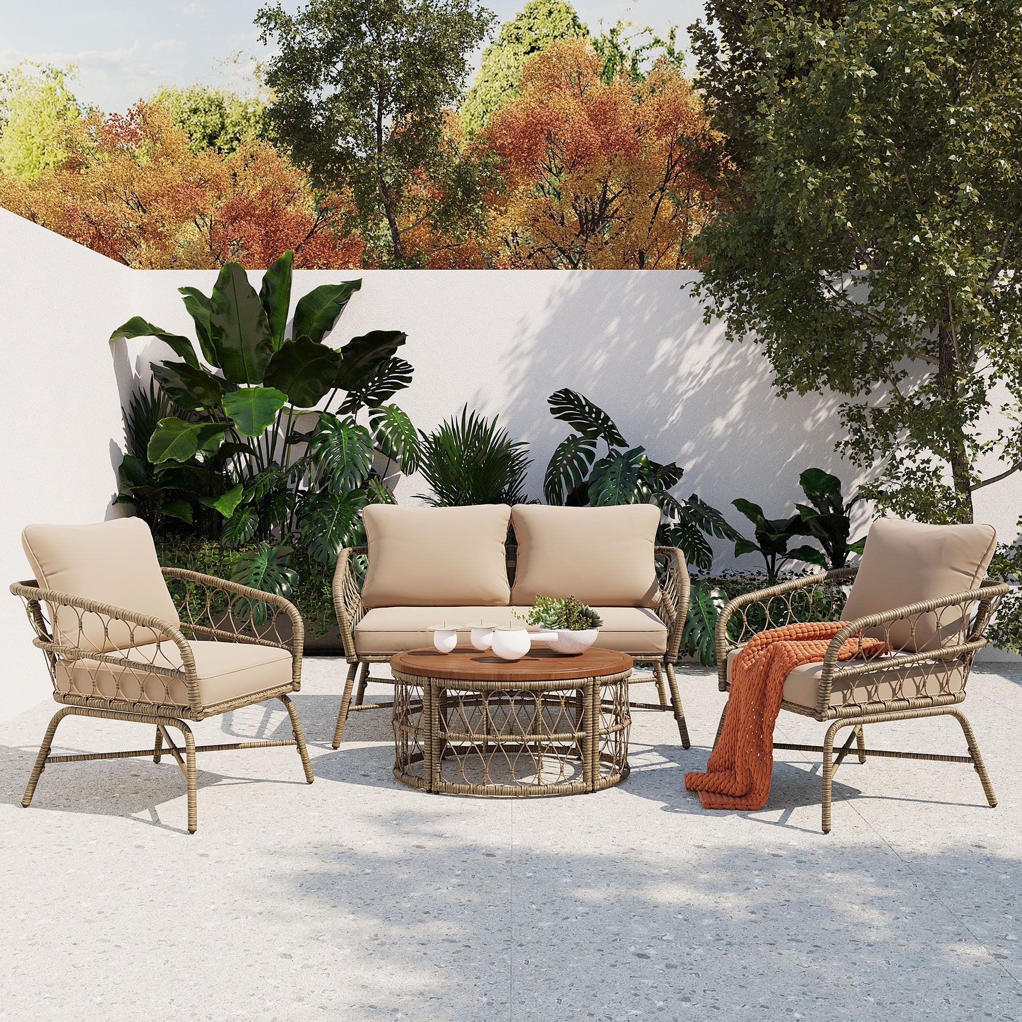 4-Piece Outdoor Sofa Set with Woven Wicker Design and Wood Table Top
