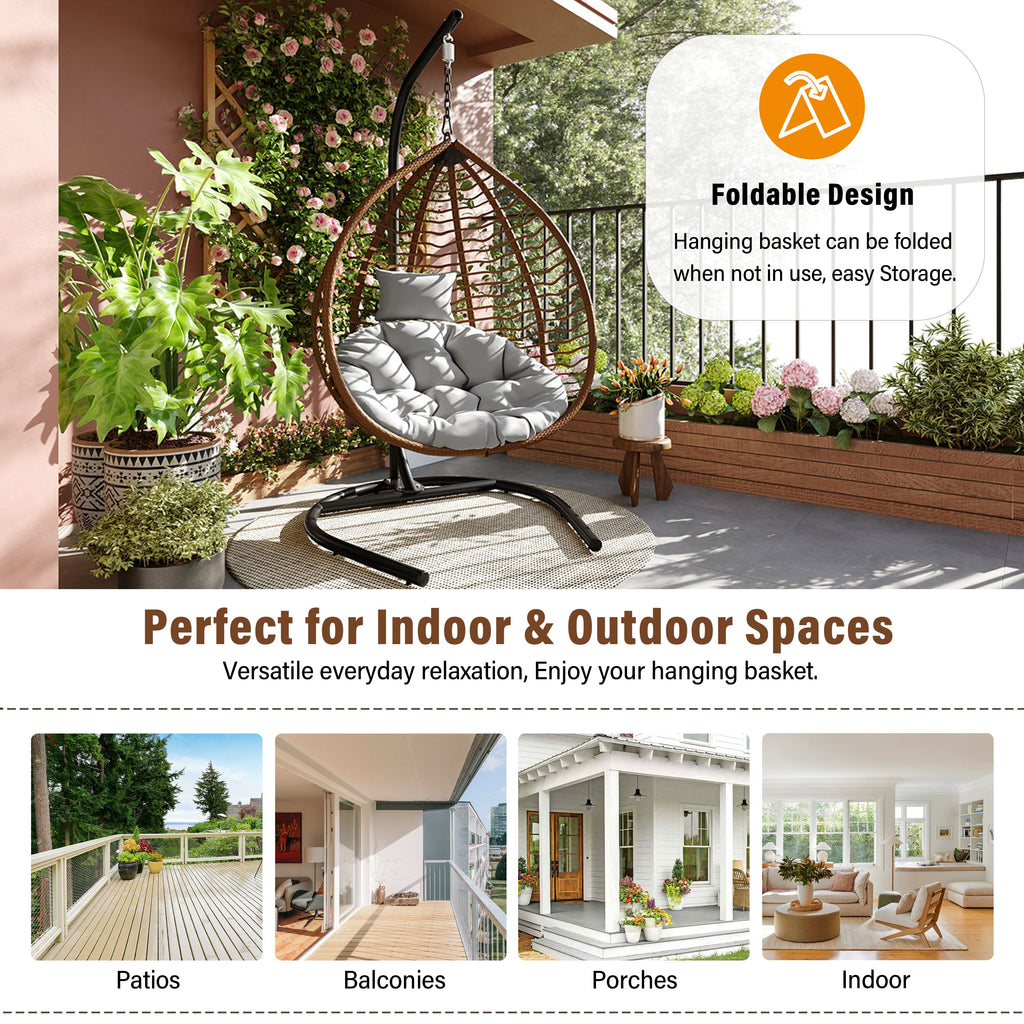 Foldable Rattan Egg Swing Chair with Iron Frame, Plush Cushion & Removable Headrest