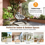Foldable Rattan Egg Swing Chair with Iron Frame, Plush Cushion & Removable Headrest
