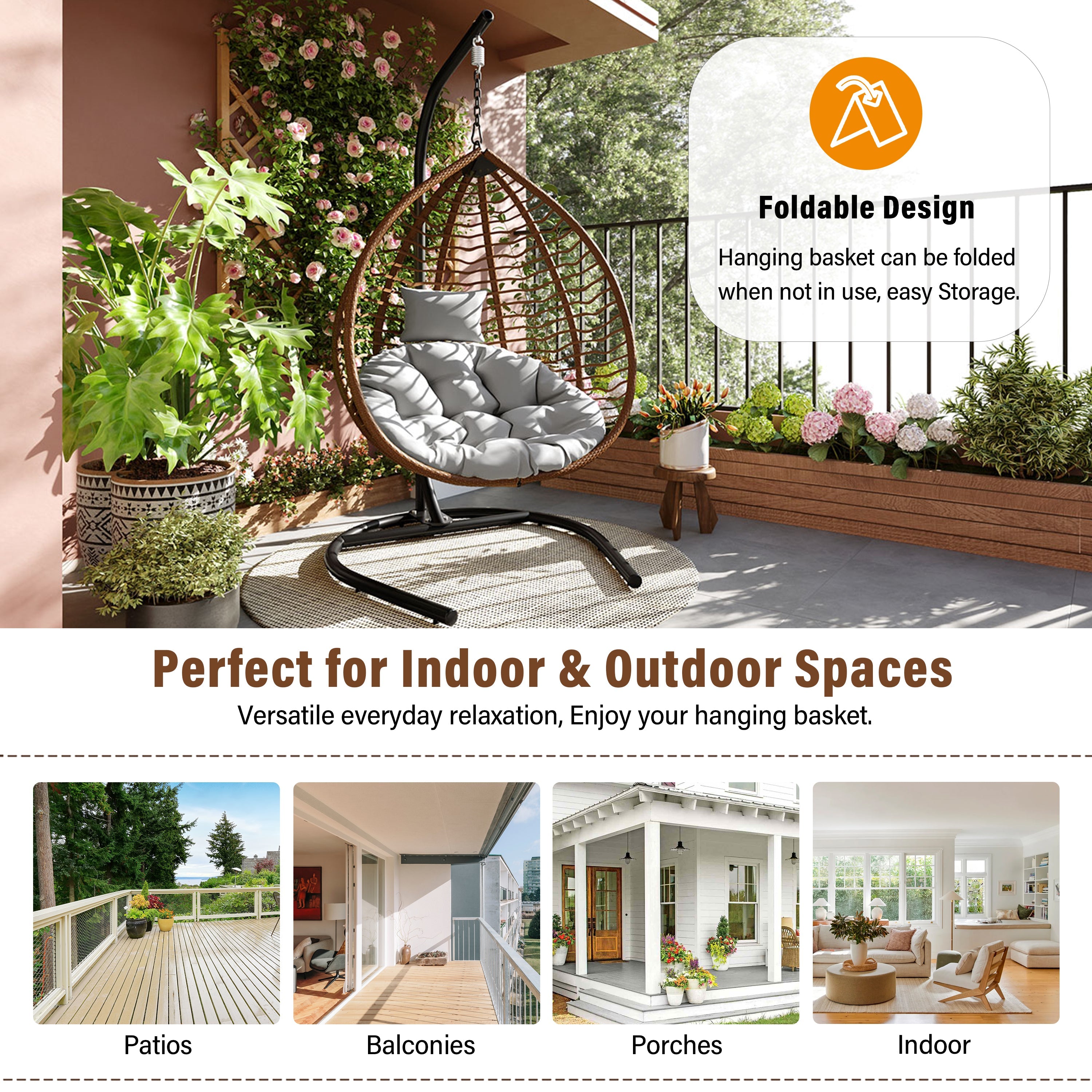 Foldable Rattan Egg Swing Chair with Iron Frame, Plush Cushion & Removable Headrest