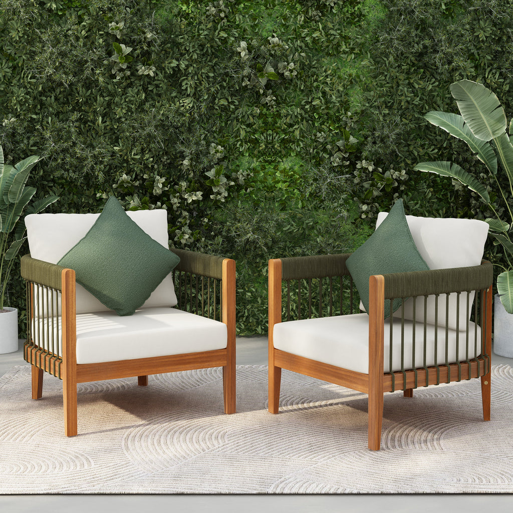 Azari Outdoor Acacia Wood Club Chair with Handwoven Rope Accents & Curved Backrest