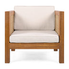 Outdoor Acacia Wood Outdoor Club Chair with Wicker Armrest and Beige Cushions
