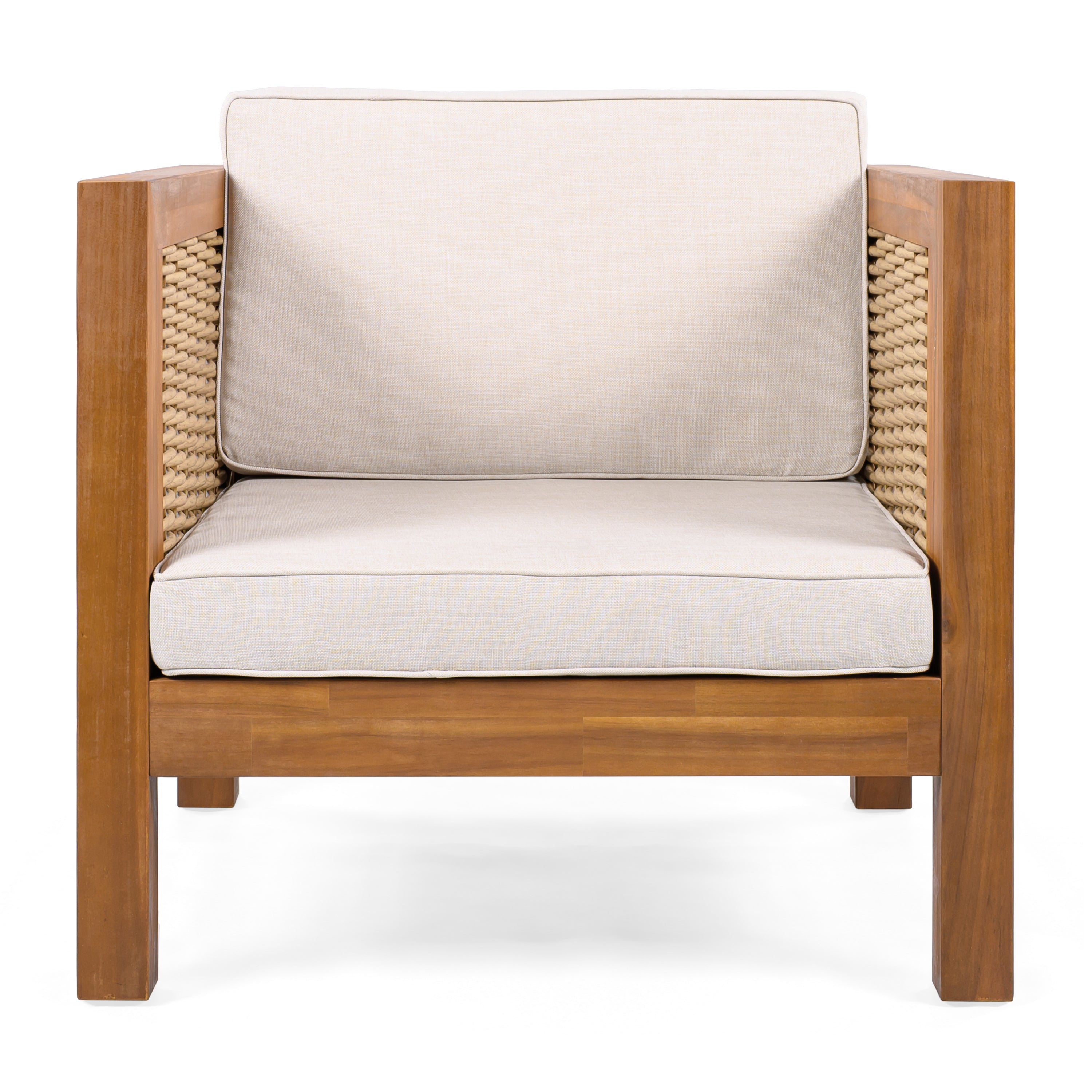 Outdoor Acacia Wood Outdoor Club Chair with Wicker Armrest and Beige Cushions