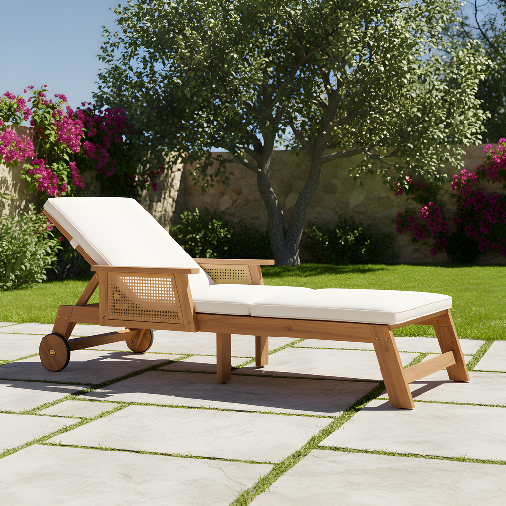 Retro Acacia Wood Outdoor Sunlounge with Wheels & 3-Position Backrest