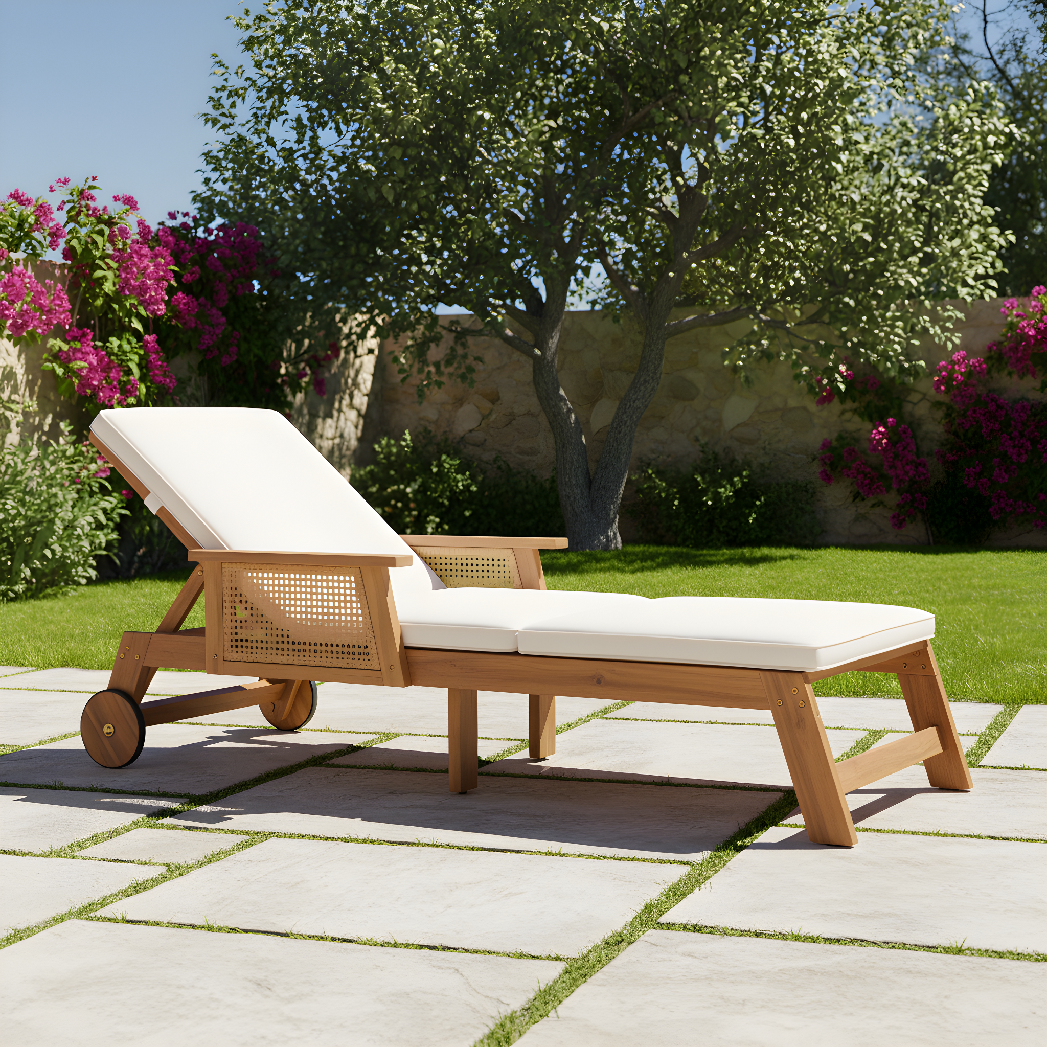 Retro Acacia Wood Outdoor Sunlounge with Wheels & 3-Position Backrest