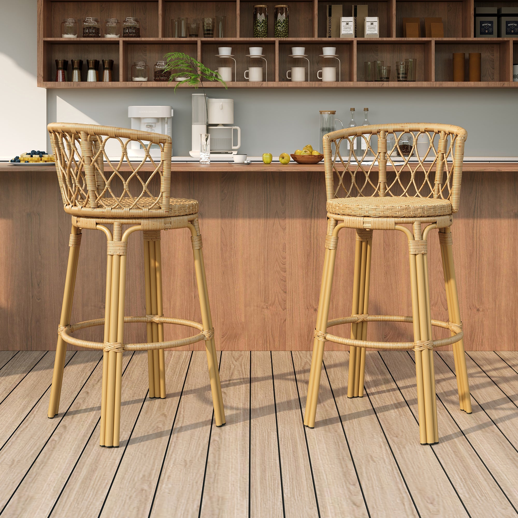 Bohemia Outdoor Brown Wicker Bar Stools, Set of 2