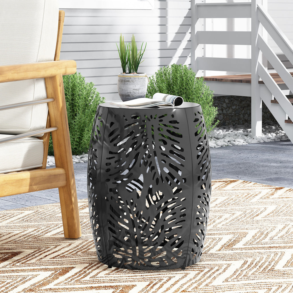 Rebirth Outdoor End Table with Tropical Palm Leaf Pattern and Iron Frame