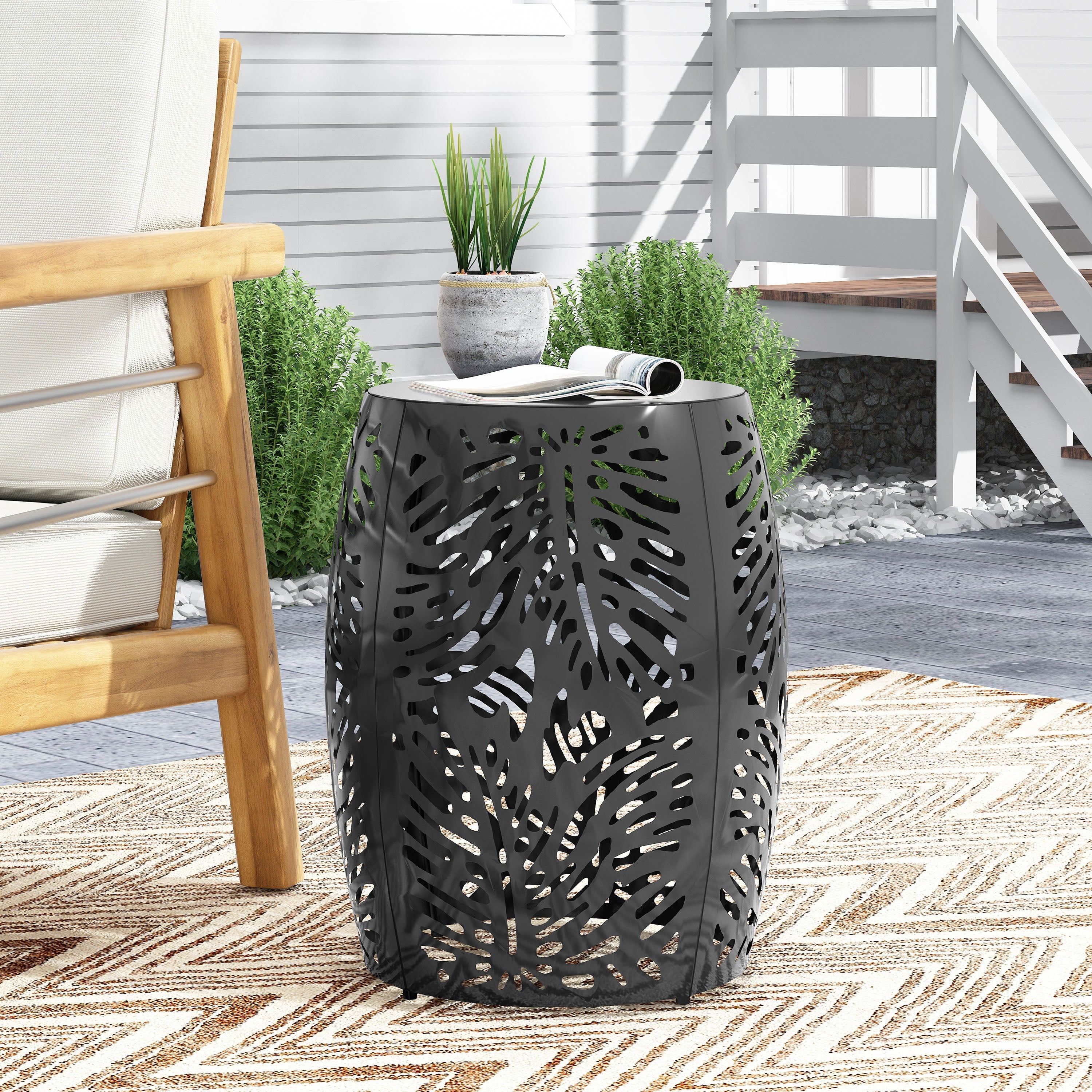 Rebirth Outdoor End Table with Tropical Palm Leaf Pattern and Iron Frame