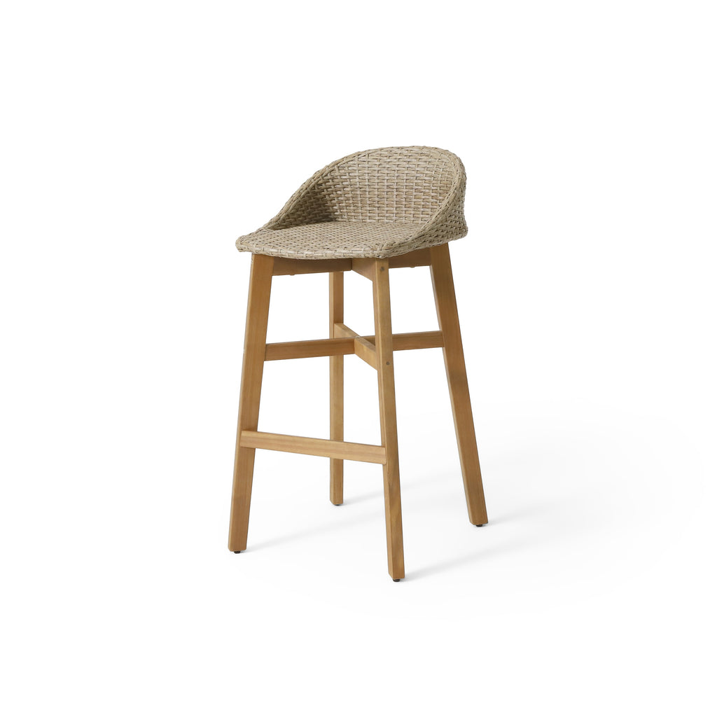 Beeson Outdoor Wicker and Acacia Wood Barstools, Set of 2