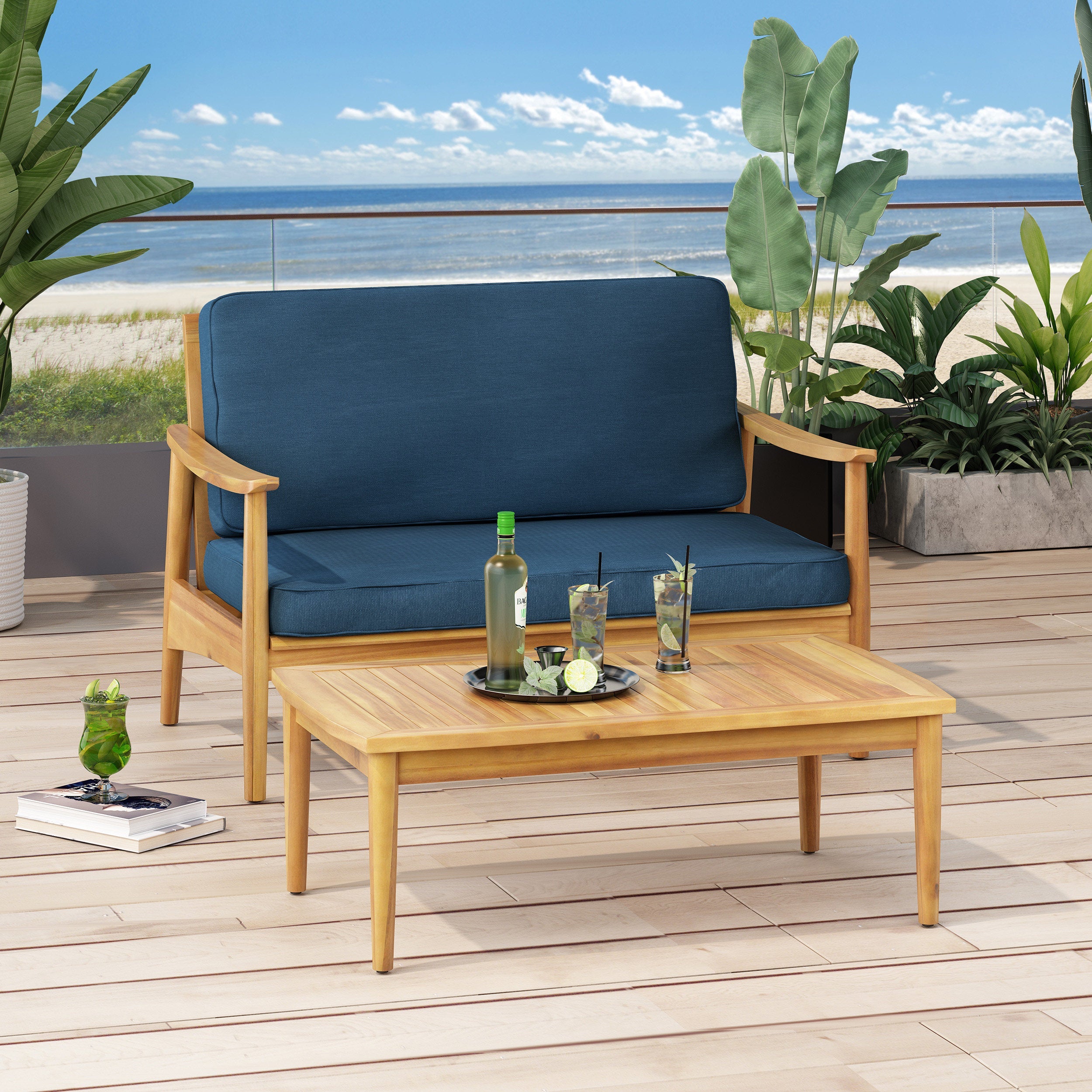 Ellsworth Teak Brown 4 Piece Wood Outdoor Patio Conversation Seating Set