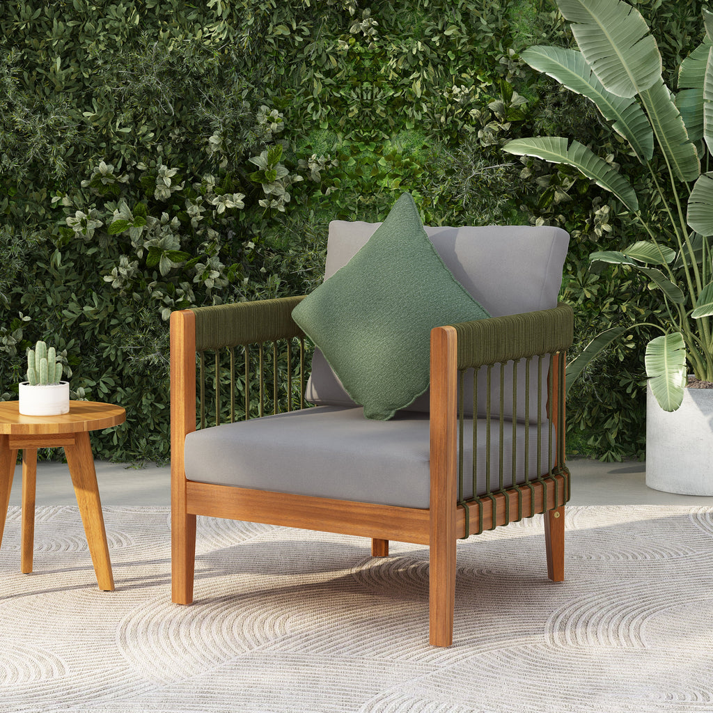 Azari Outdoor Acacia Wood Club Chair with Handwoven Rope Accents & Curved Backrest