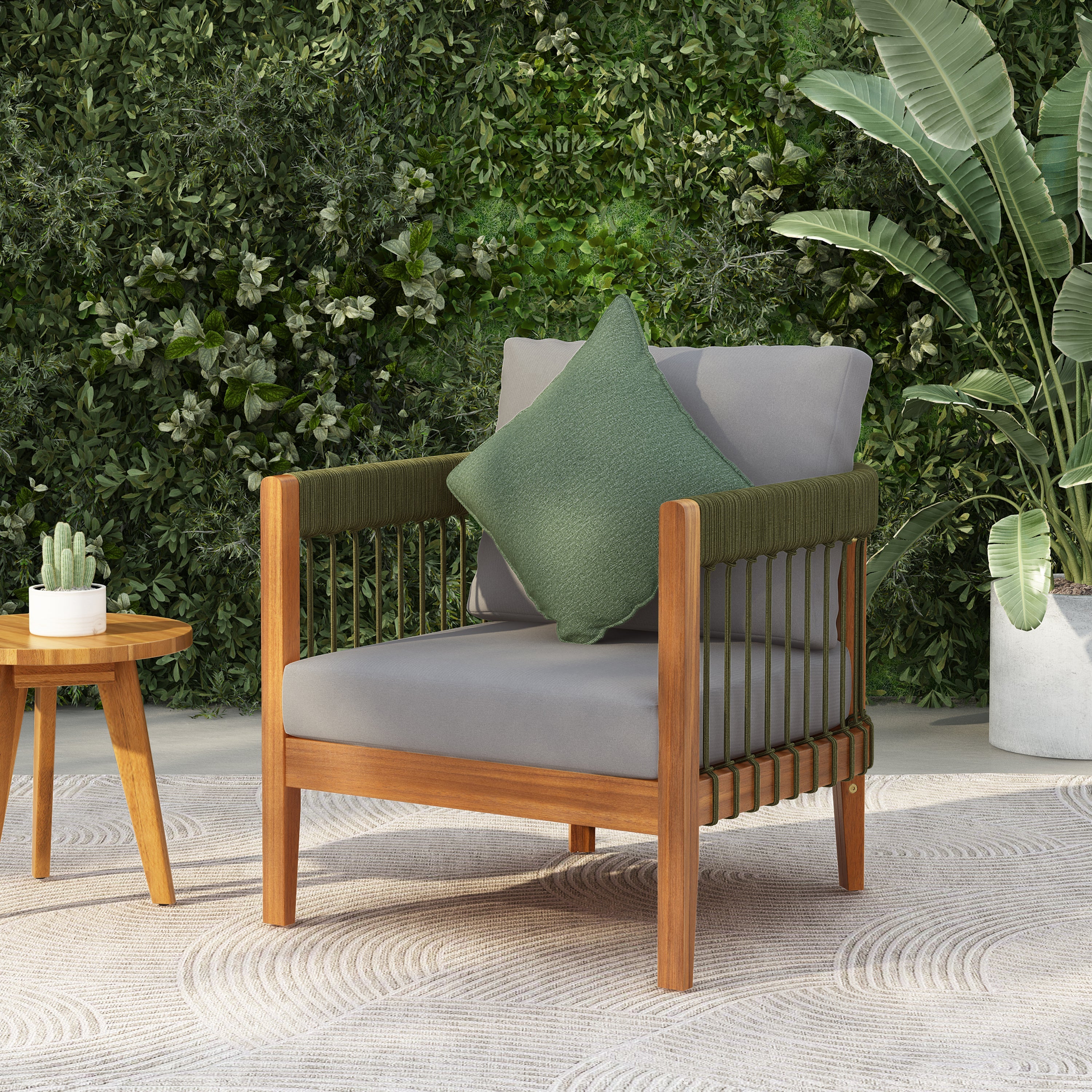 Azari Outdoor Acacia Wood Club Chair with Handwoven Rope Accents & Curved Backrest