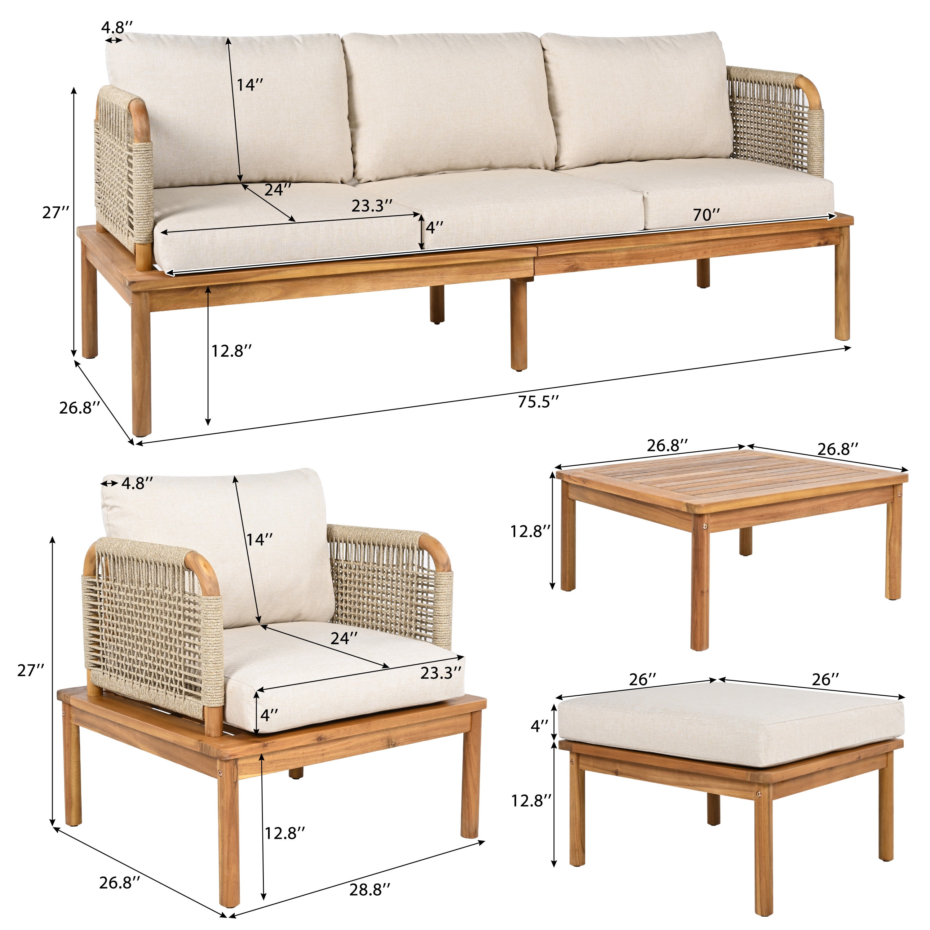 Isola Outdoor 4 Piece Acacia Wood and Rope Patio Sofa Set