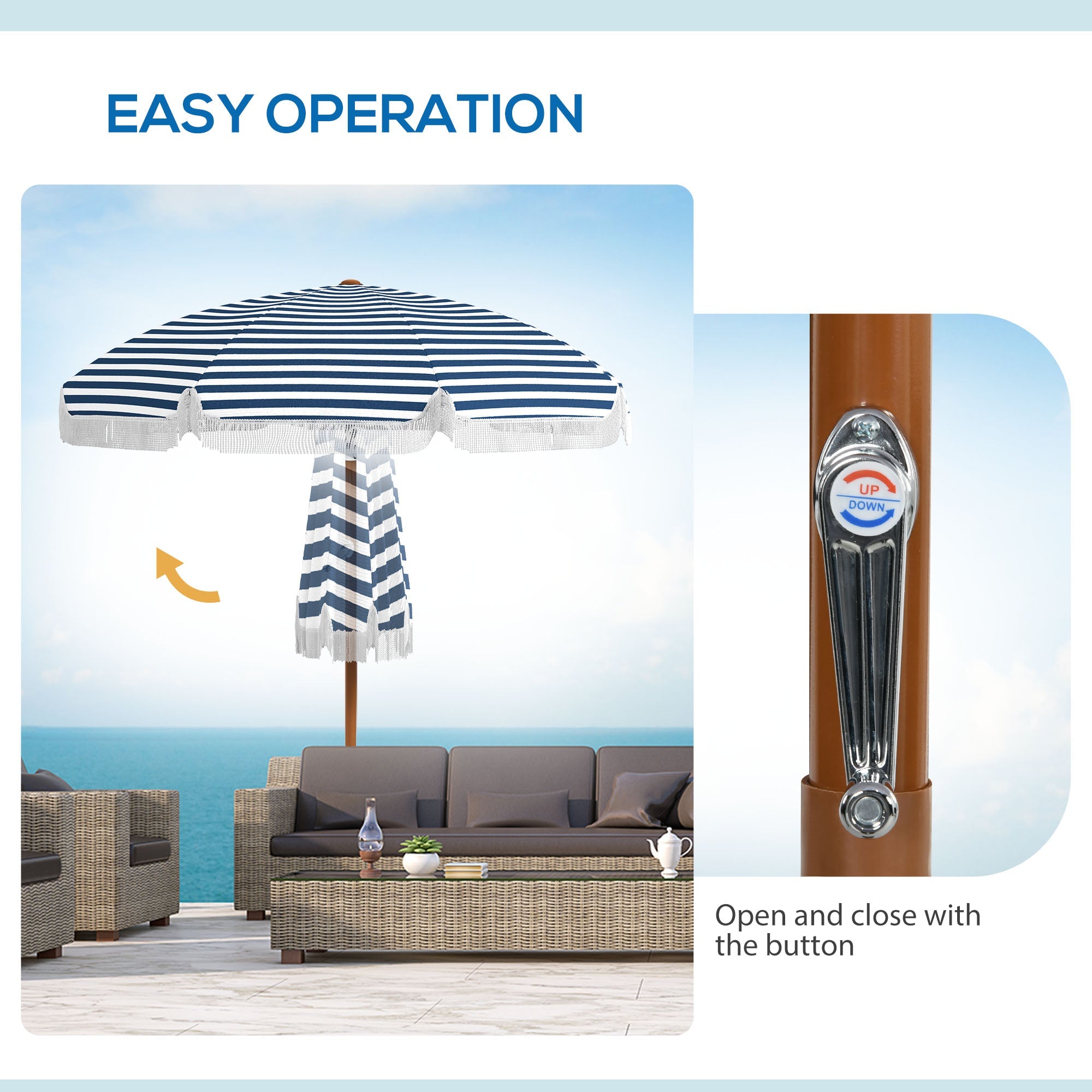 7' Nautical Stripe & Fringe Outdoor Patio Umbrella with Tilt