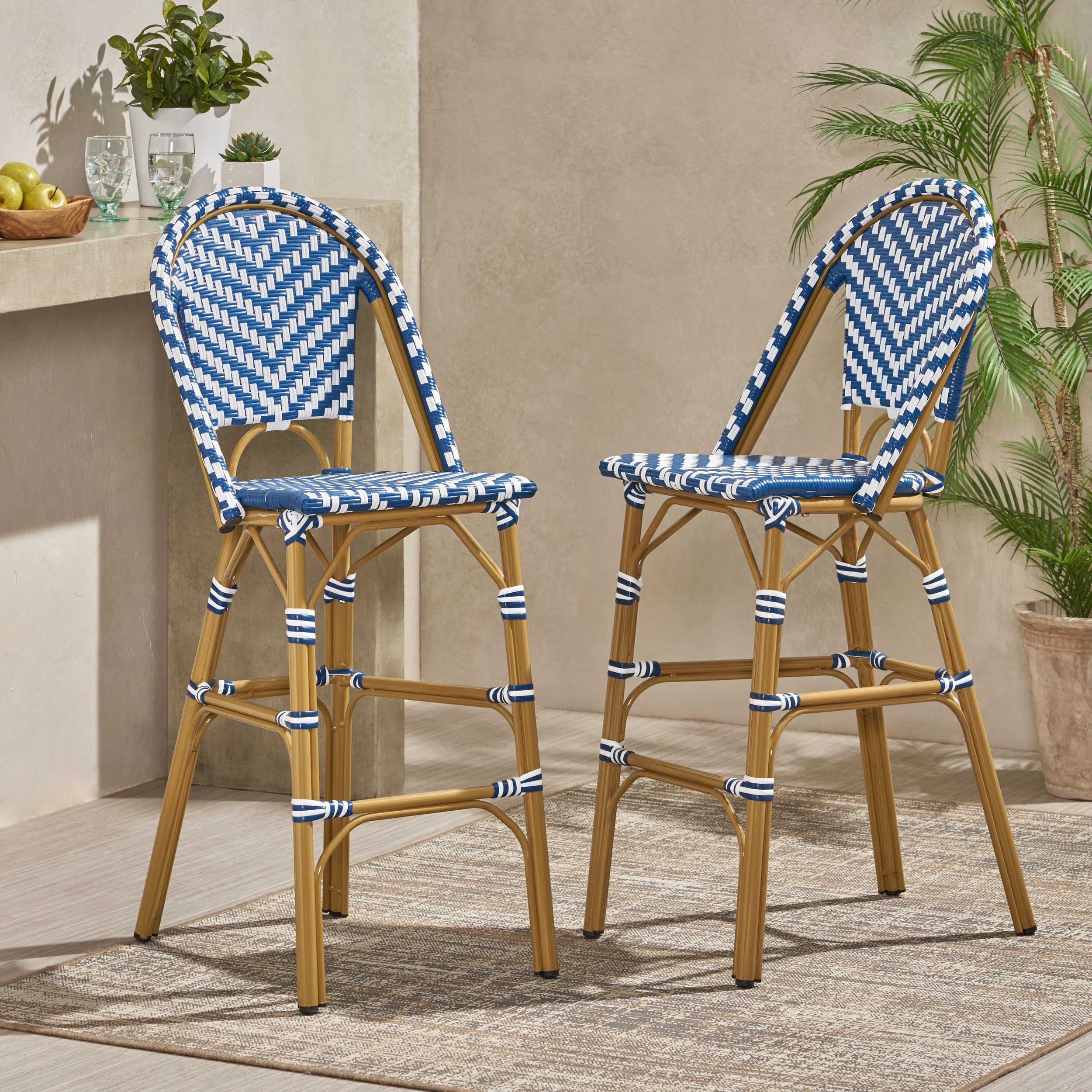 Clifftop 29.5" Outdoor Rattan Bar Stool with Aluminum Frame and Footrest, Set of 2