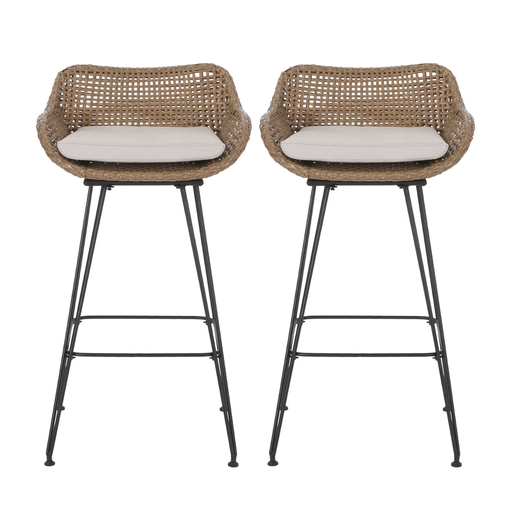 29.25" Outdoor Wicker Bar Stool with Hairpin Legs and Low Back, Set of 2