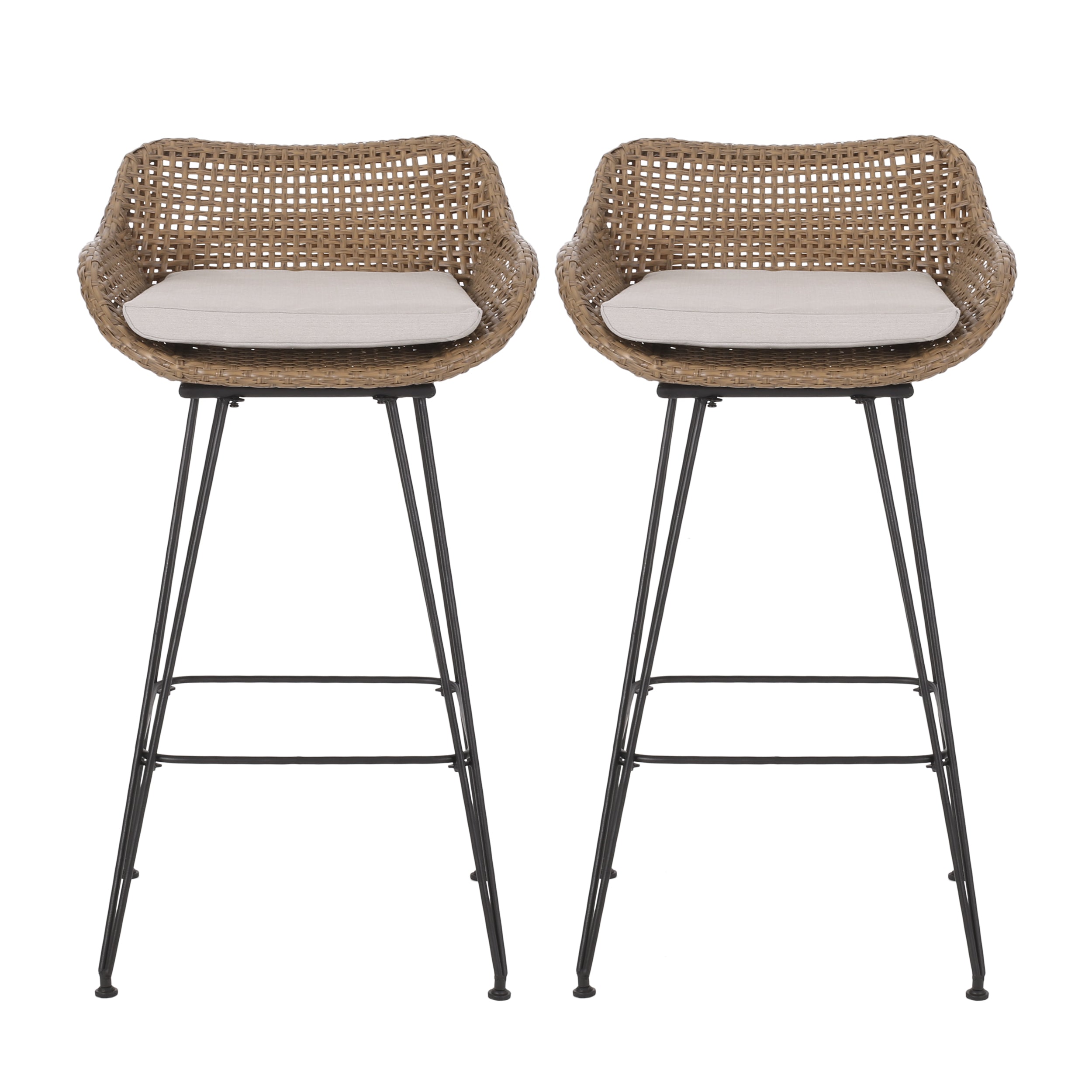 29.25" Outdoor Wicker Bar Stool with Hairpin Legs and Low Back, Set of 2