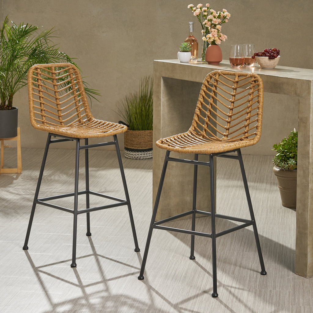 Sawtelle Outdoor Wicker Barstools, Set of 2