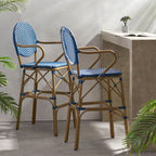 Valorous Outdoor Wicker Bar Stool with Round Back and Curved Arms, Set of 2