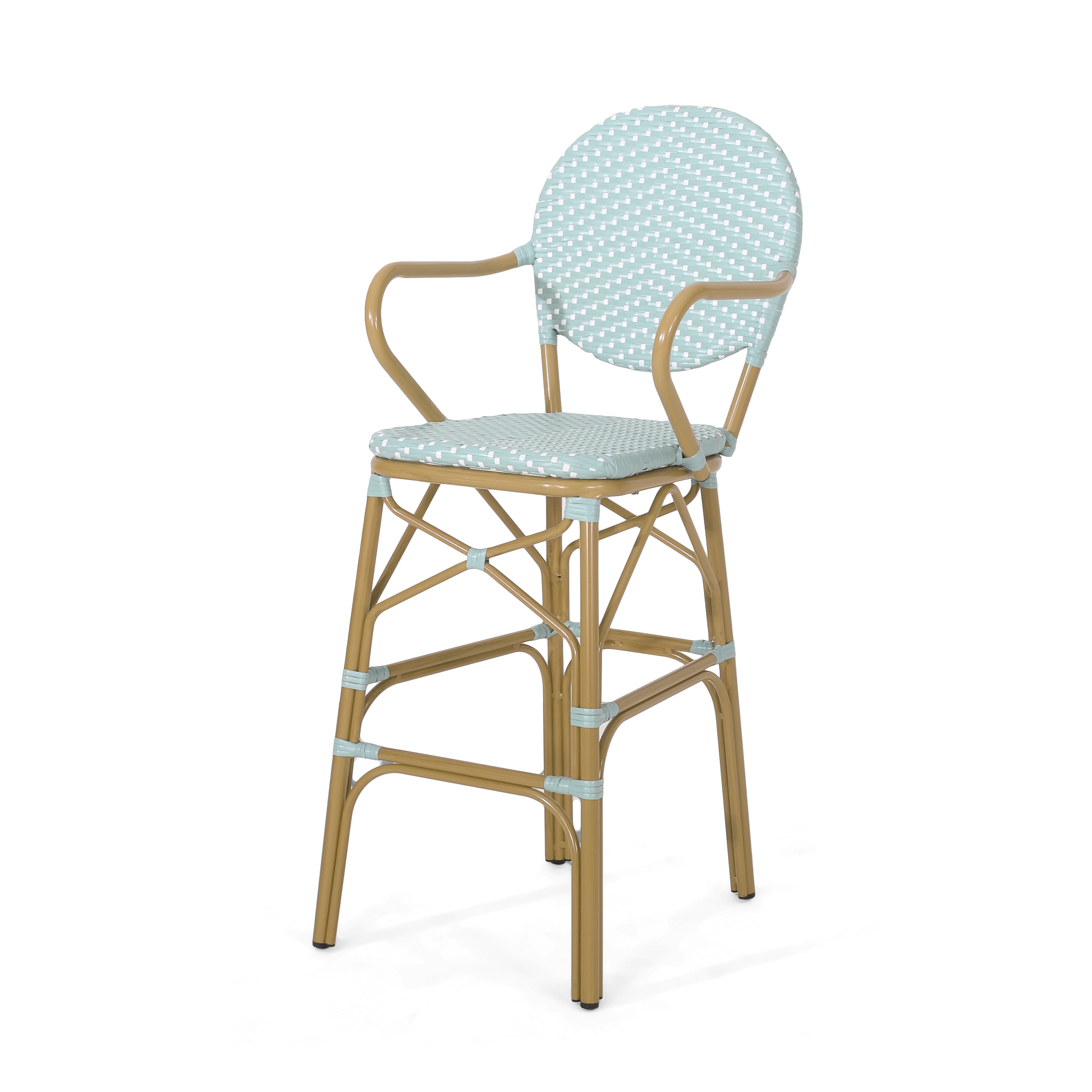 Valorous Outdoor Wicker Bar Stool with Round Back and Curved Arms, Set of 2