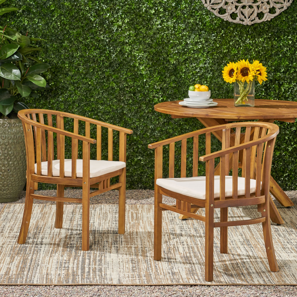 Venerable Outdoor Dining Chair with Slatted Back and Cushion Seat, Set of 2