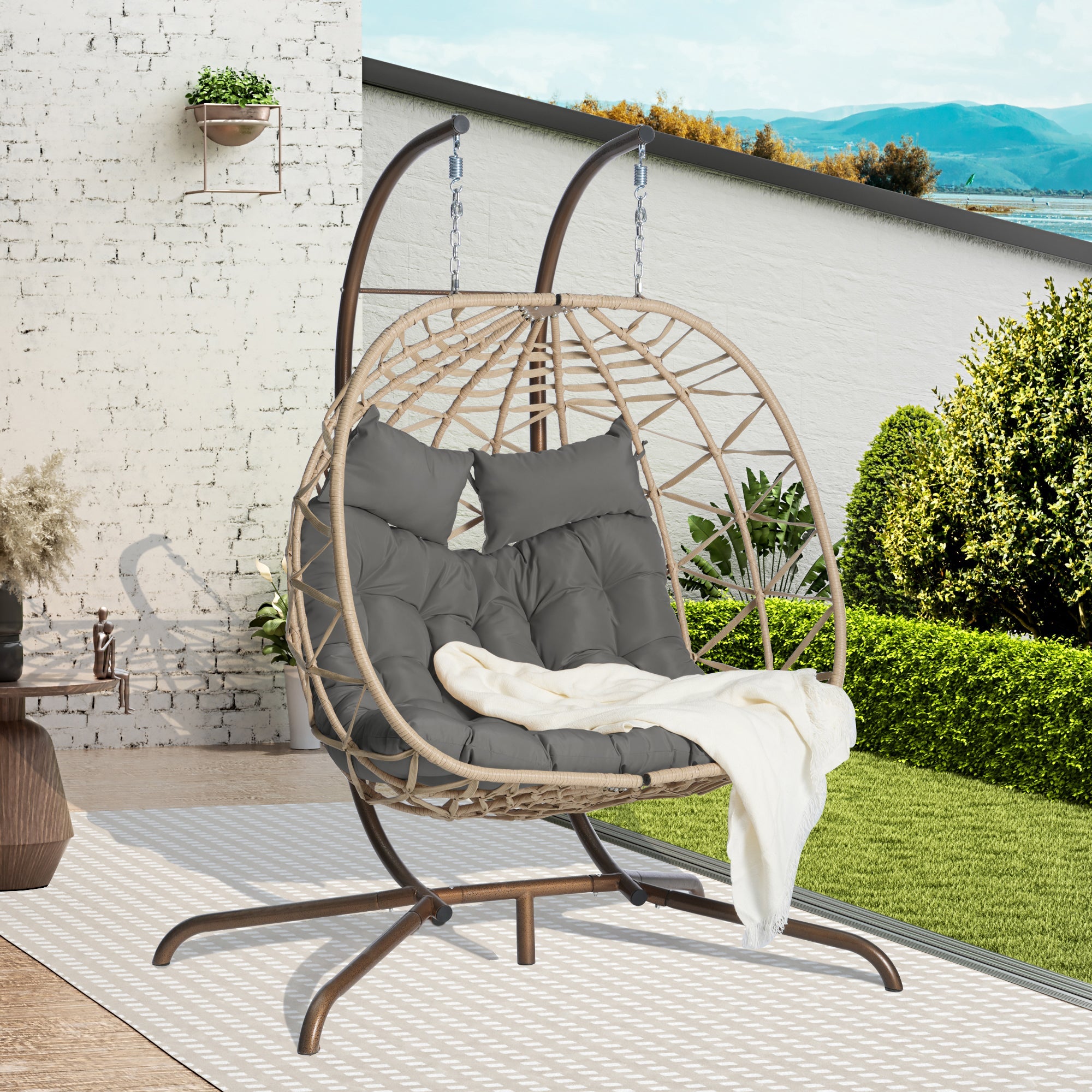2-Person Outdoor Wicker Rattan Egg Chair with Stand Hanging