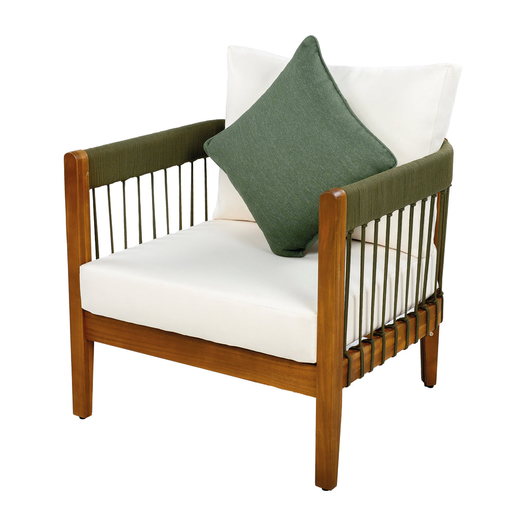 Azari Outdoor Acacia Wood Club Chair with Handwoven Rope Accents & Curved Backrest