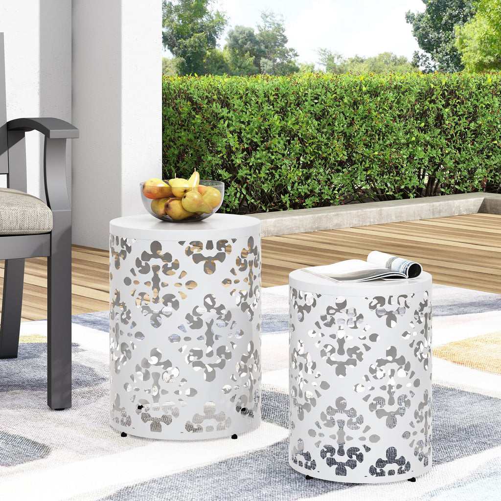 Refinery 2-Piece Outdoor End Table Set with Floral Patten and Iron Cut Design