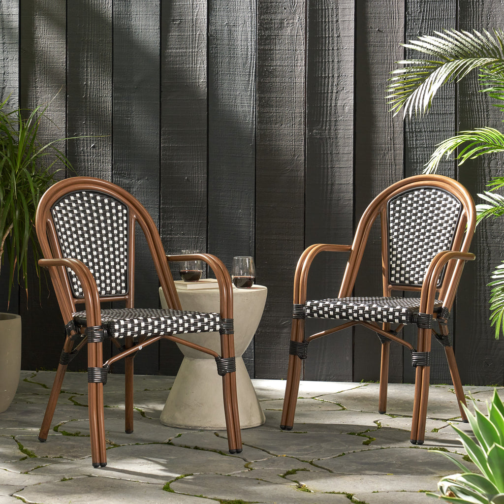 Crowned Wicker Bistro Chair with Checkered Pattern and Curved Arms, Set of 2