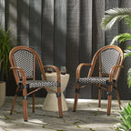Crowned Wicker Bistro Chair with Checkered Pattern and Curved Arms, Set of 2