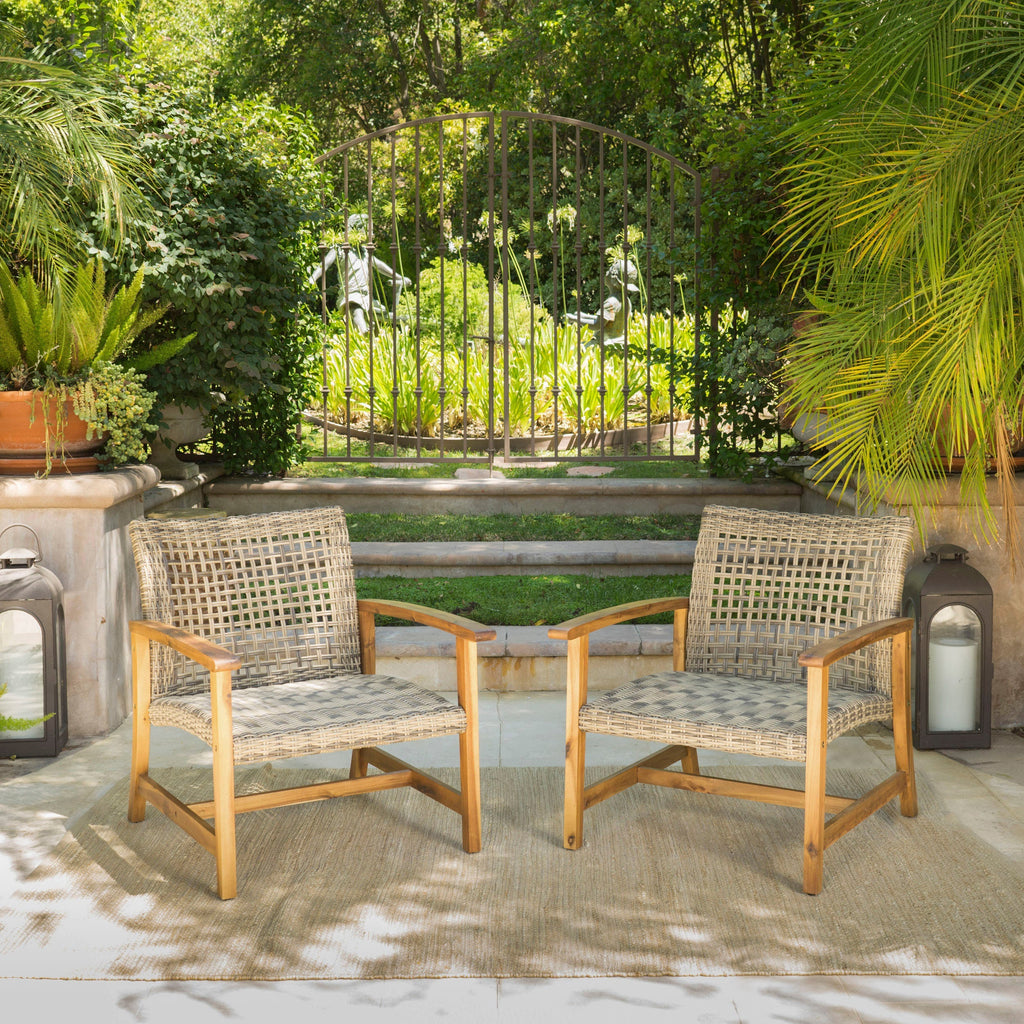 Hampton Outdoor Rattan & Acacia Wood Wicker Club Chairs, Set of 2