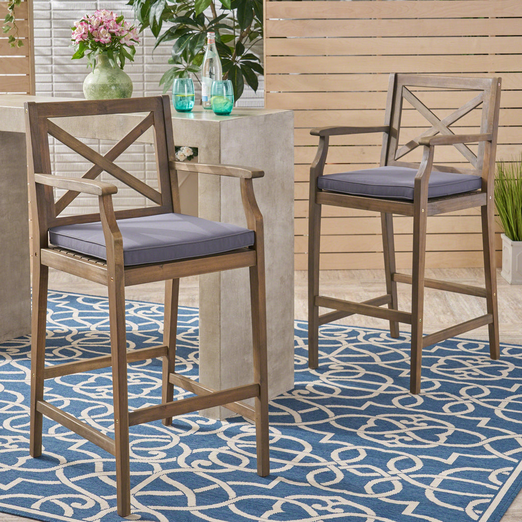 Perla Outdoor Acacia Wood Barstools, Set of 2