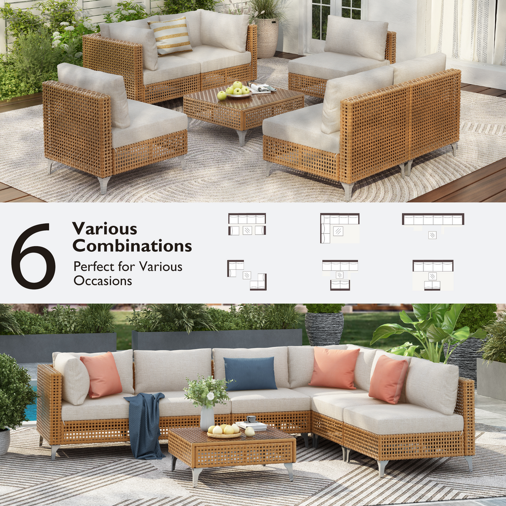 7-Piece Outdoor Wicker Sectional Sofa with Water Resistant Cushions and Coffee Table