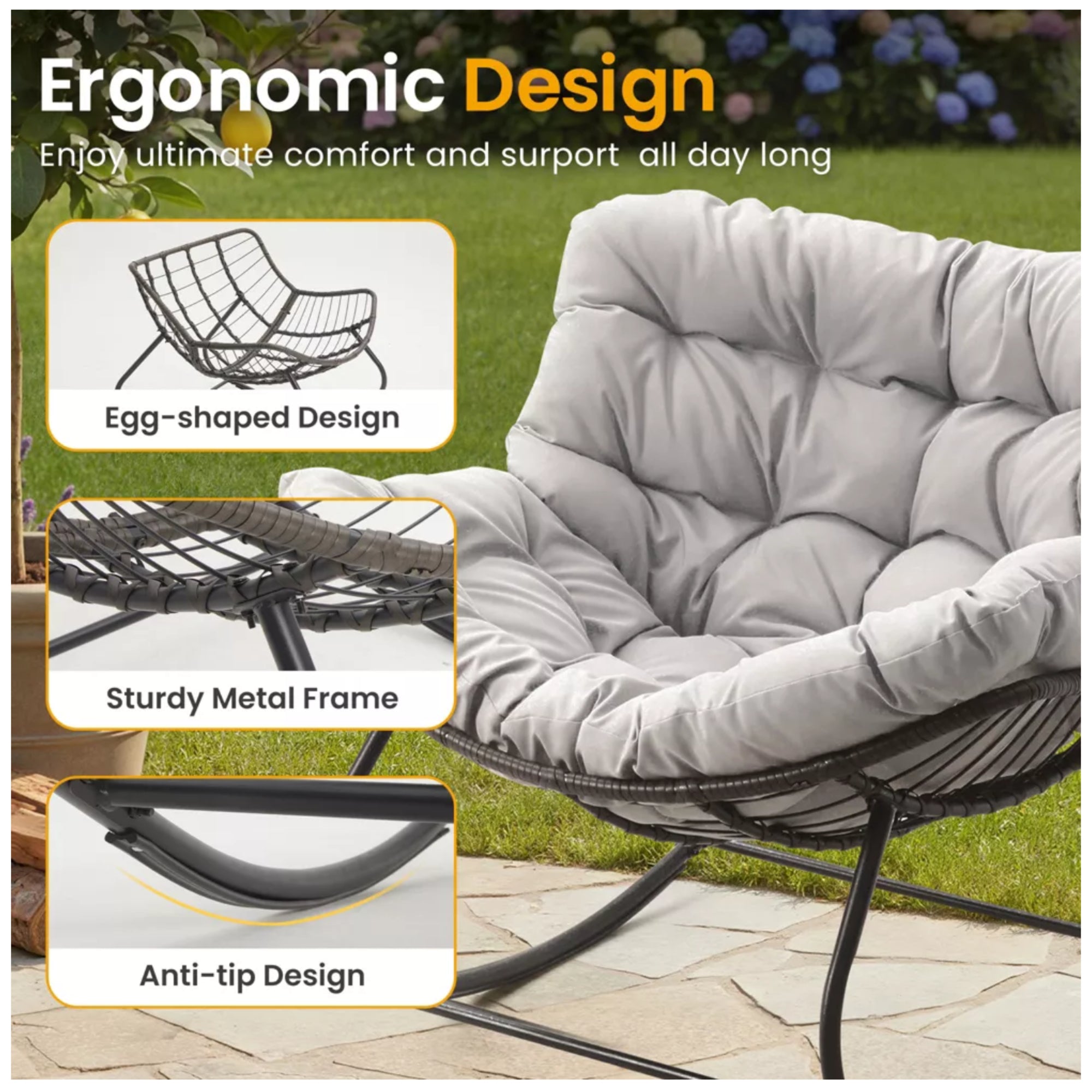 All-Weather Wicker Egg Rocking Chair with Ottoman