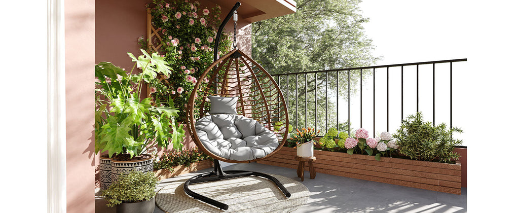 Foldable Rattan Egg Swing Chair with Iron Frame, Plush Cushion & Removable Headrest