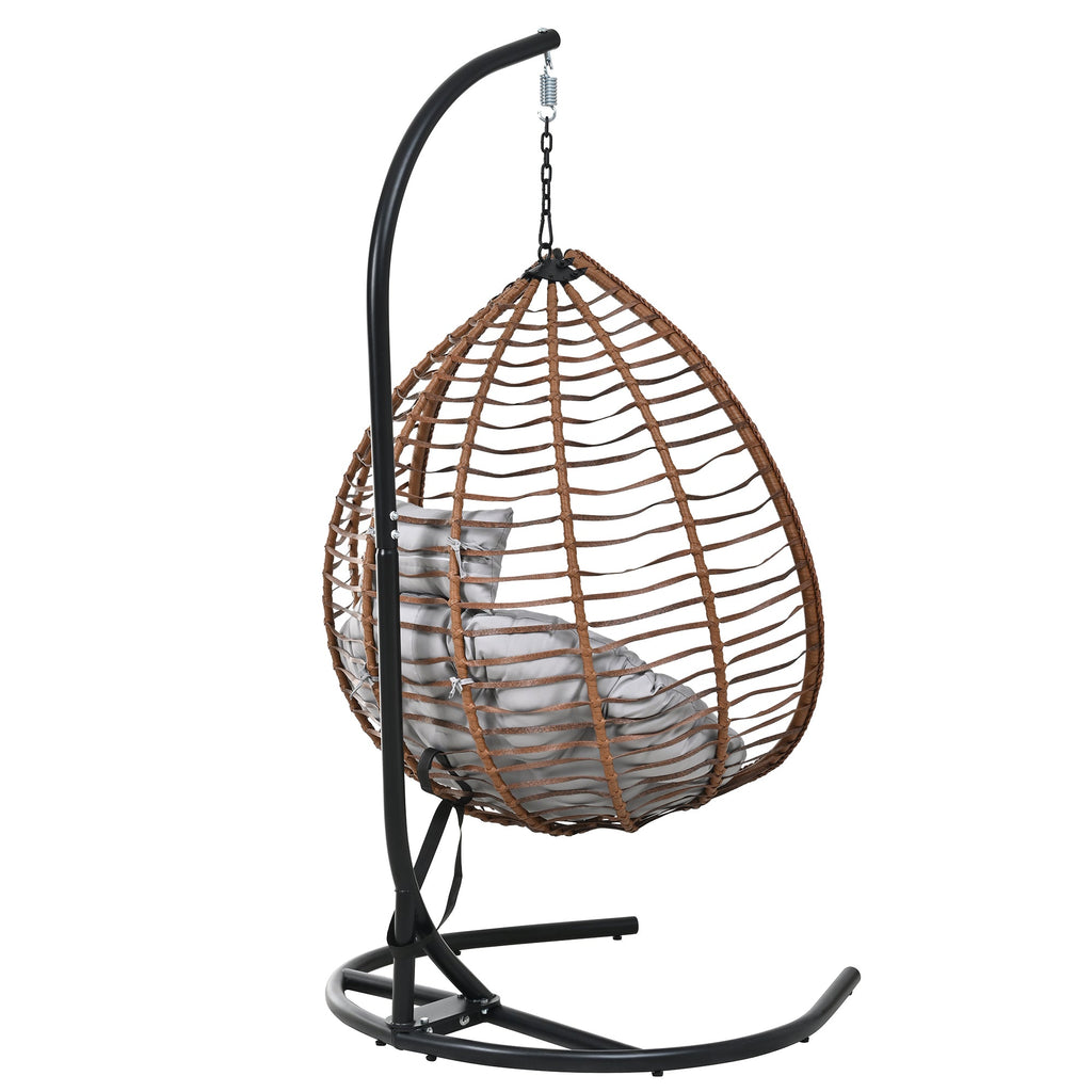 Foldable Rattan Egg Swing Chair with Iron Frame, Plush Cushion & Removable Headrest