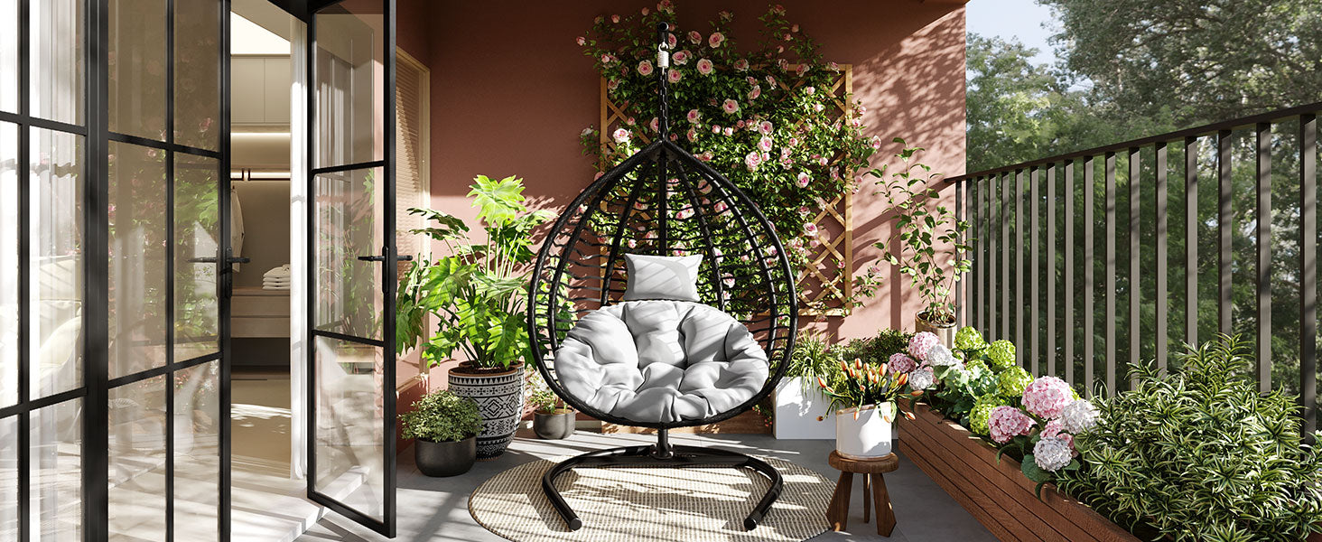 Foldable Rattan Egg Swing Chair with Iron Frame, Plush Cushion & Removable Headrest