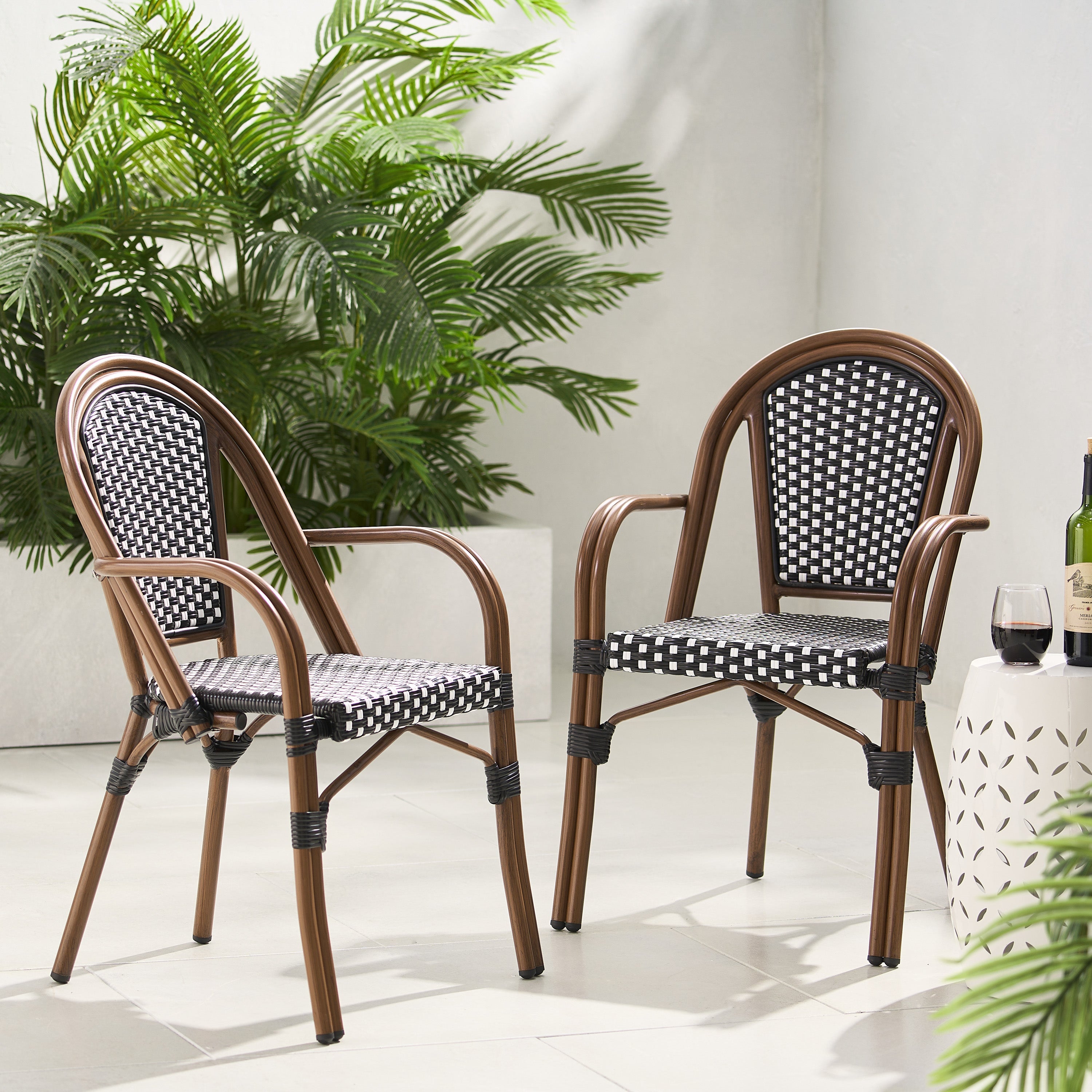 Crowned Wicker Bistro Chair with Checkered Pattern and Curved Arms, Set of 2