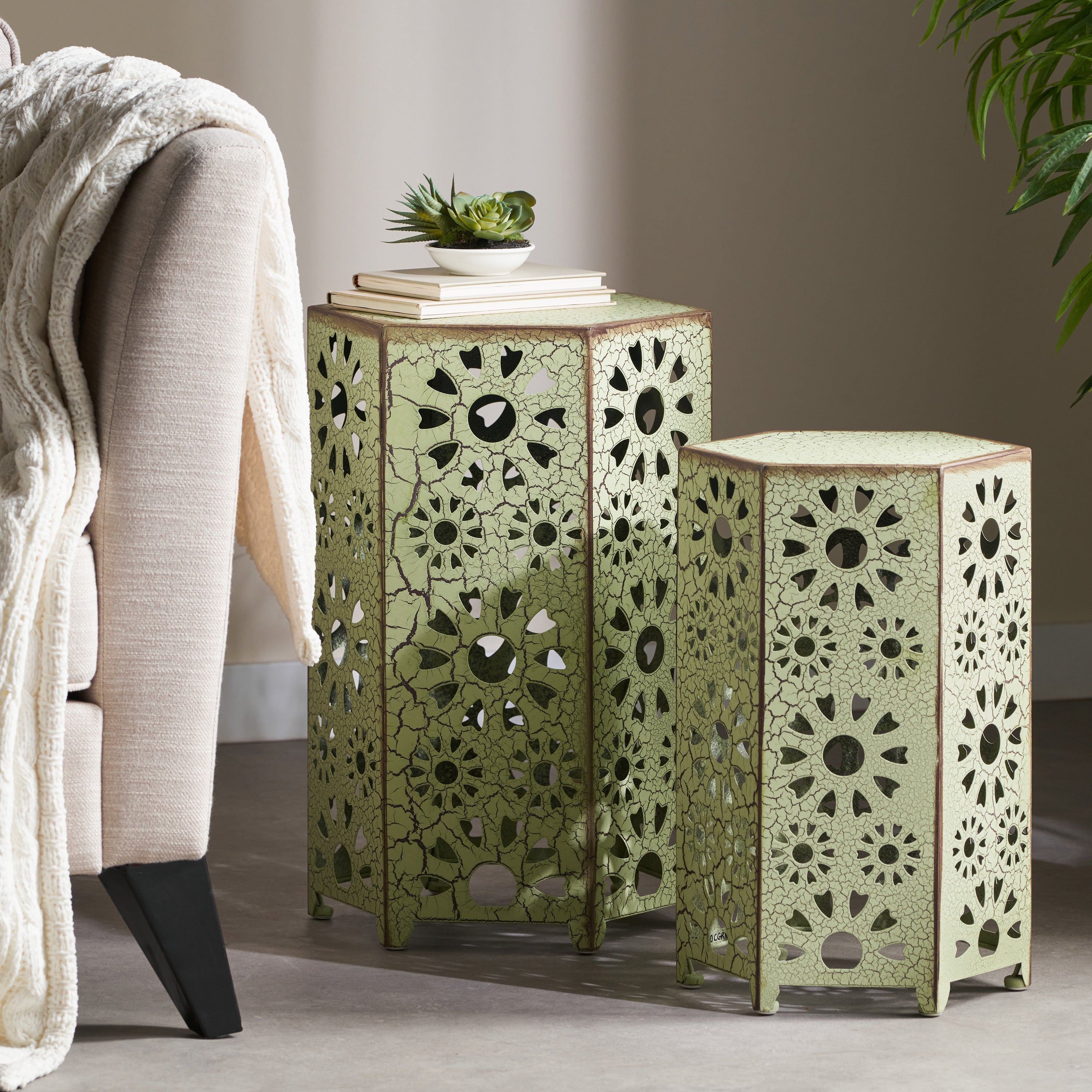 Eliana Iron Outdoor Side Table Set with Sunburst Cut Out