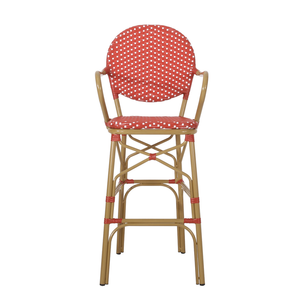 Valorous Outdoor Wicker Bar Stool with Round Back and Curved Arms, Set of 2