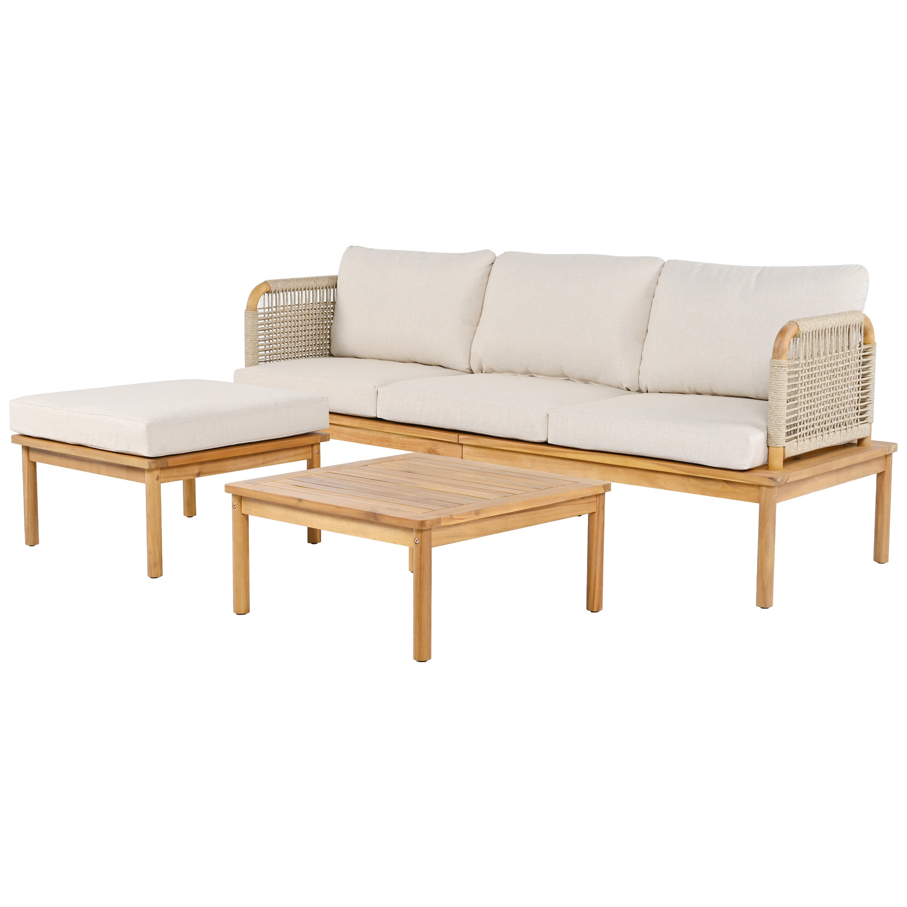Isola Outdoor 3 Piece Acacia Wood and Rope Patio Sofa Set