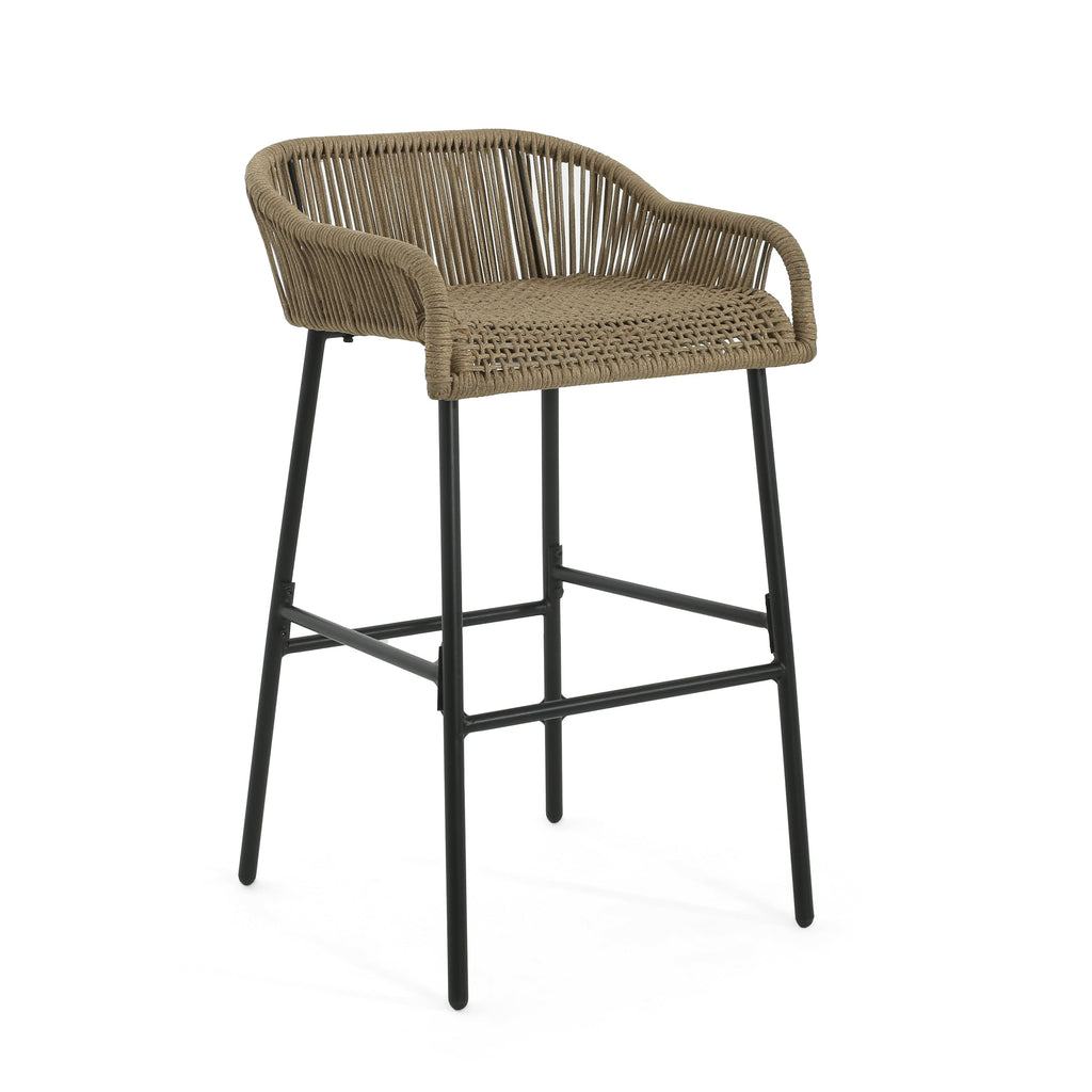 Outdoor Rope Bar Stool with Low Back and Iron Frame, Set of 2