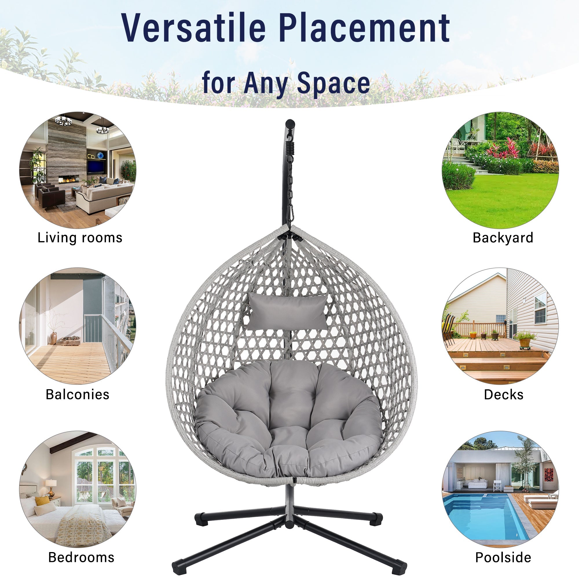 Hanging Swinging Egg Chair with Rattan Weaving, Base Included