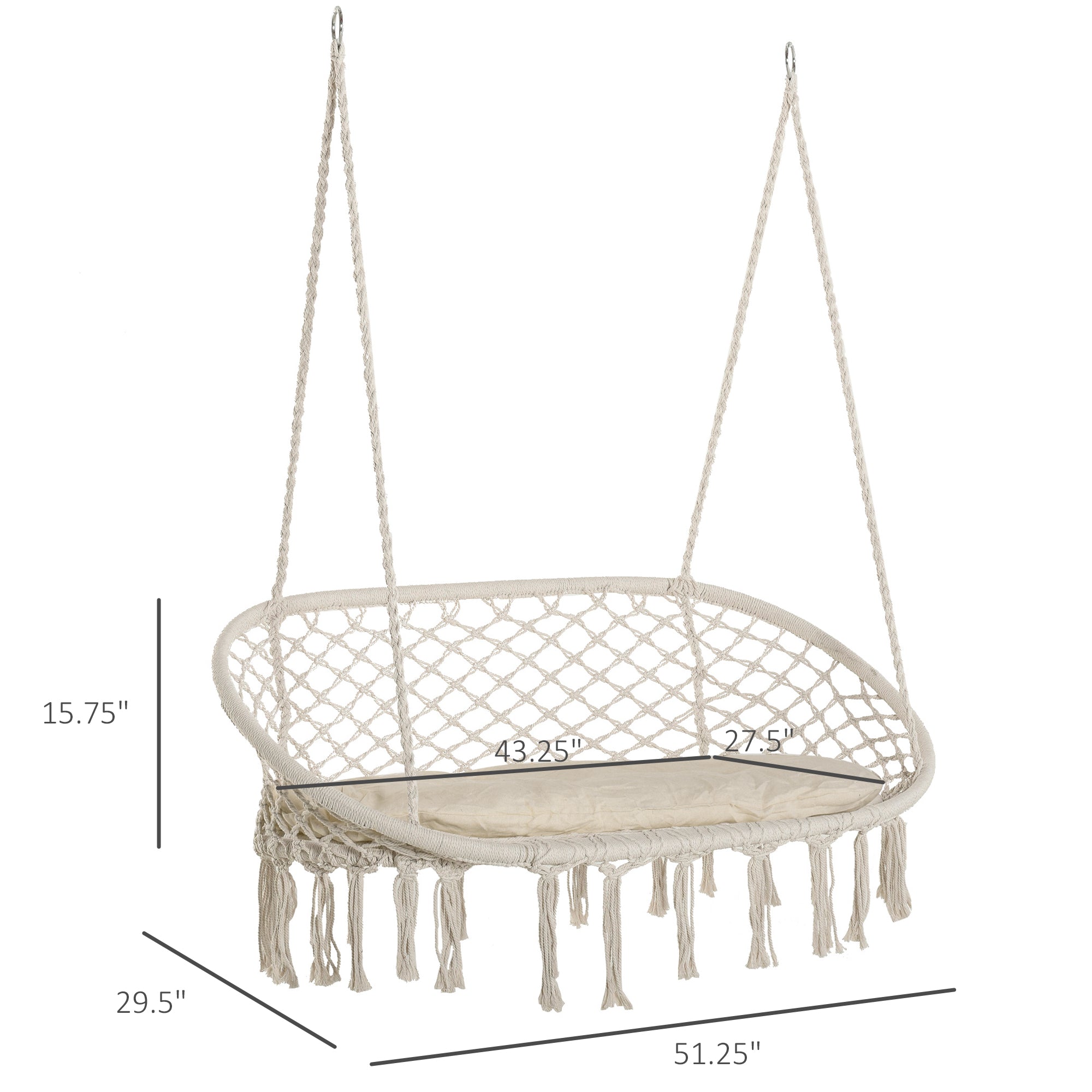 Visioned Outdoor Hanging Hammock Swing Chair with Macrame Design and Soft Cushion