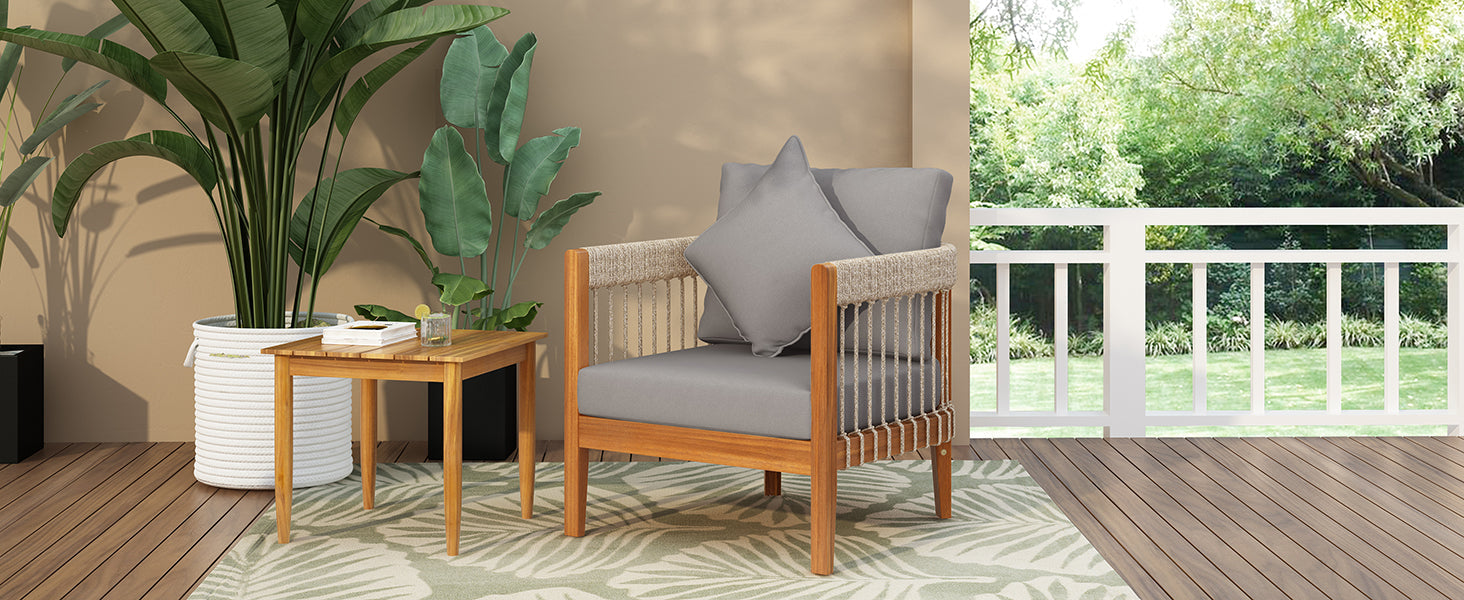 Azari Outdoor Acacia Wood Club Chair with Handwoven Rope Accents & Curved Backrest