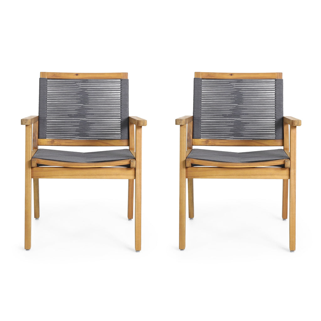Outdoor Dining Chair with Rope Weave Design and Wooden Frame, Set of 2