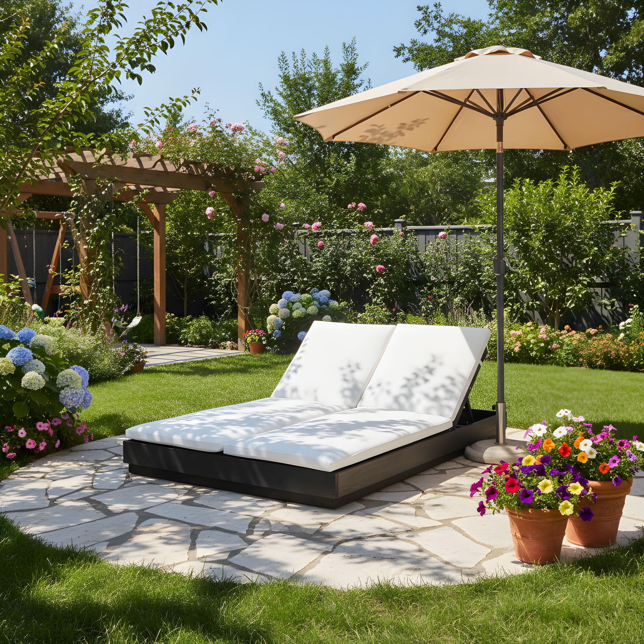 Adjustable Acacia Wood Low-Profile Double Sunlounge with Cushion