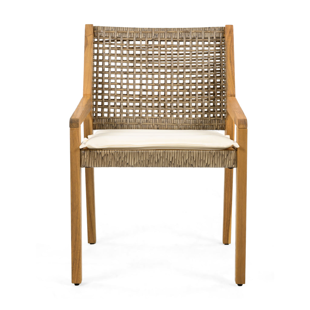 Capri Outdoor Acacia Wood & Wicker Dining Chairs with Cream Cushion, Set of 2