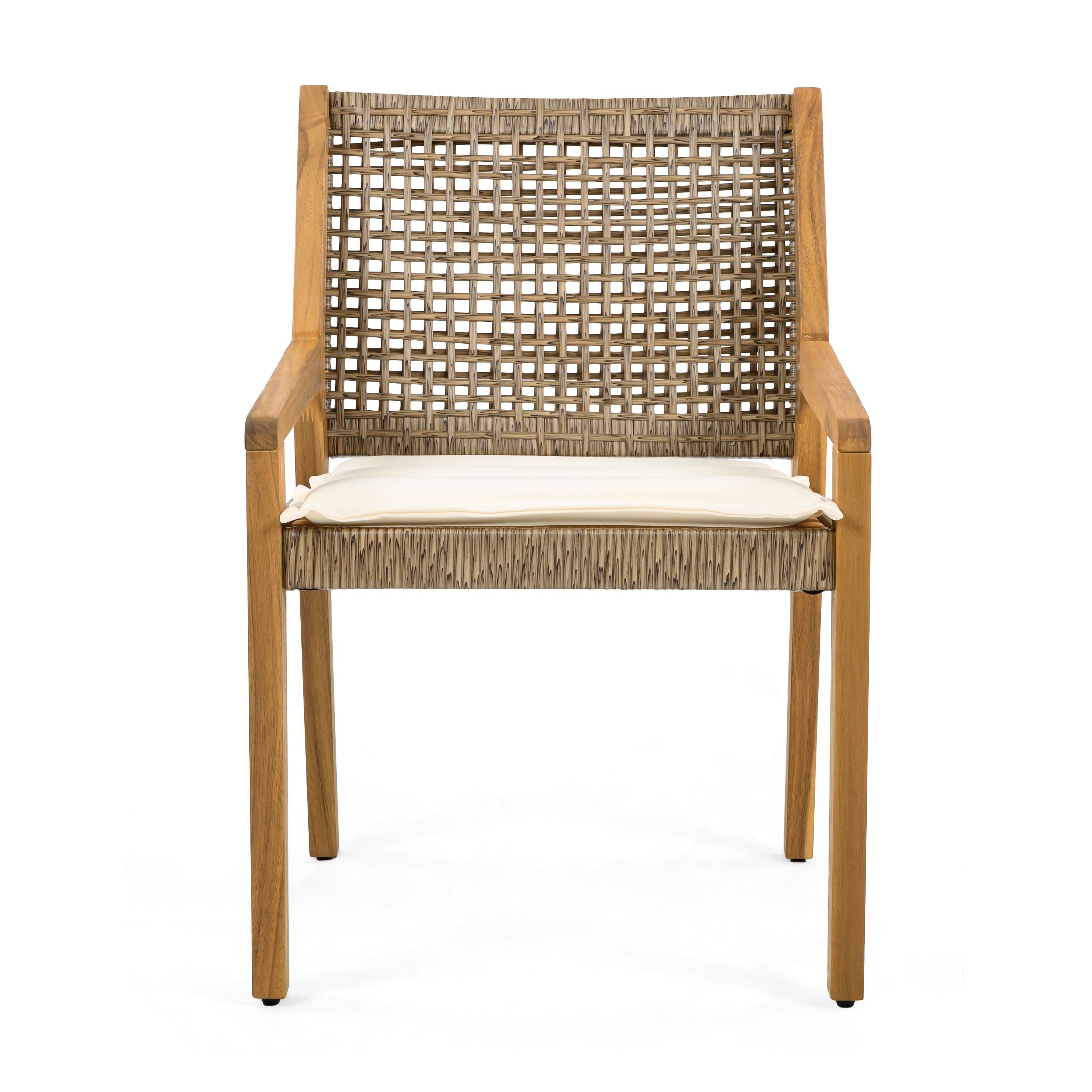 Capri Outdoor Acacia Wood & Wicker Dining Chairs with Cream Cushion, Set of 2